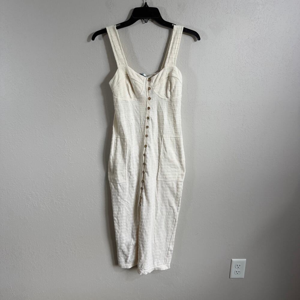 FP Beach Free People Lafayette Cream Ribbed Button Down Midi Dress Womens XS